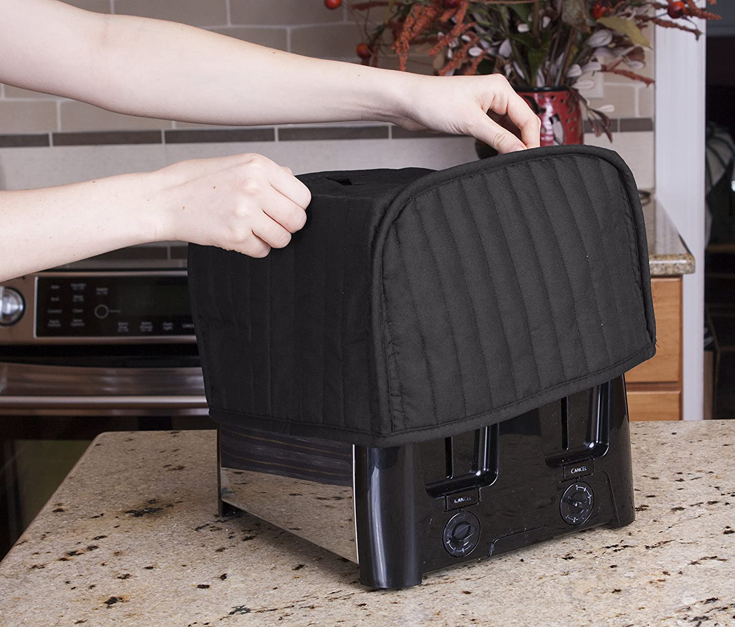 RITZ Polyester / Cotton Quilted Four Slice Toaster Appliance Cover, Dust and Fingerprint Protection, Machine Washable, Black
