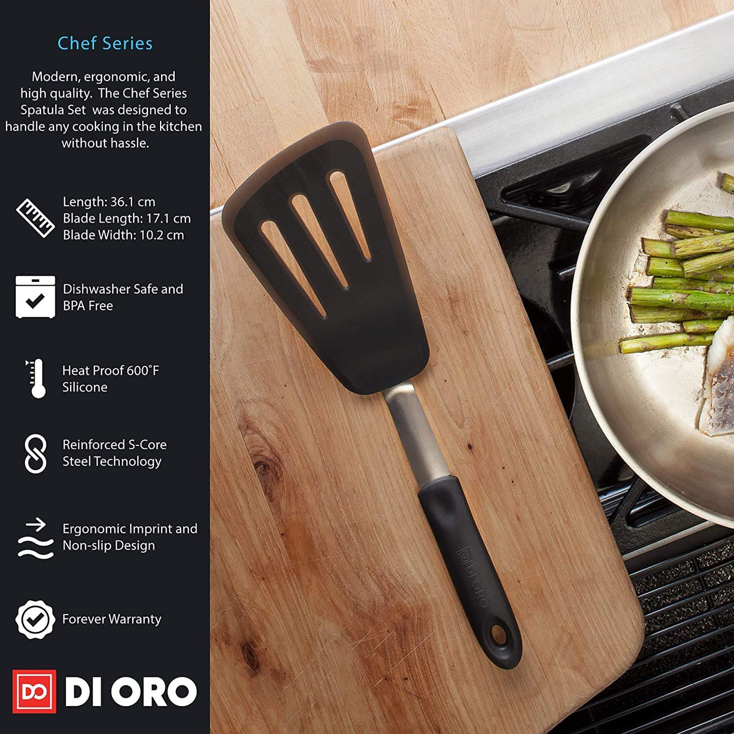 Di Oro Chef Series 3-Piece Silicone Turner Spatula Set - 600F Heat-Resistant Flexible Rubber Silicone Spatulas - Silicone Cooking Utensil Set - Egg Turners, Pancake Flippers, Kitchen Spatulas