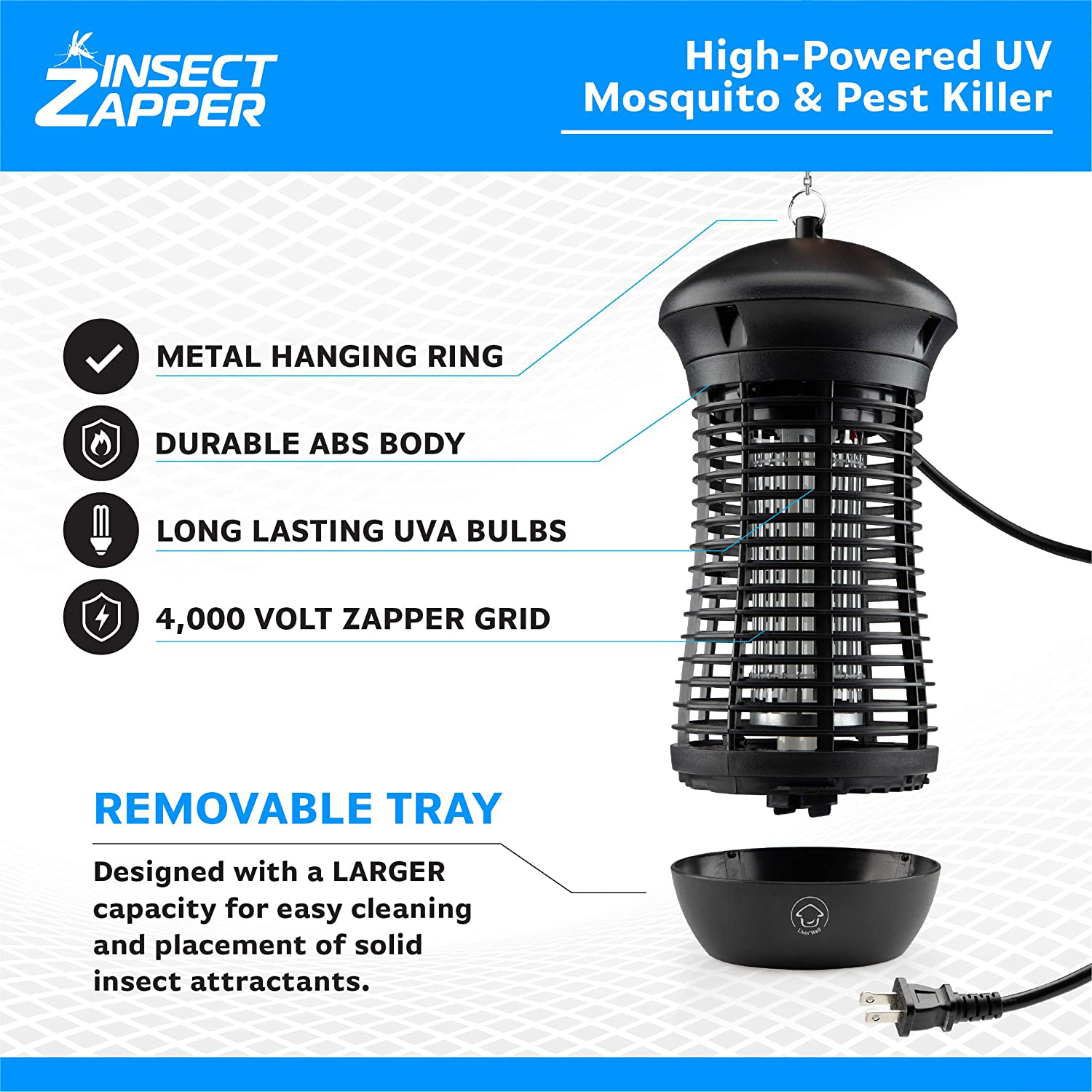Livin’ Well Bug Zapper - 4000V High Powered Electric Mosquito Zapper, Fly, Mosquito Trap with 1,500 Sq. Feet Range and 18W UVA Mosquito Killer Bulb