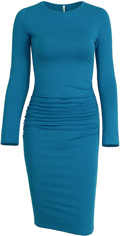 Missufe Women's Long Sleeve Ruched Casual Sundress Midi Bodycon Sheath Dress