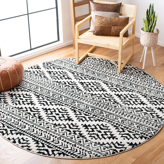 Safavieh Tulum Collection TUL272B Moroccan Boho Tribal Non-Shedding Stain Resistant Living Room Bedroom Area Rug, 6'7" x 6'7" Round, Ivory / Black