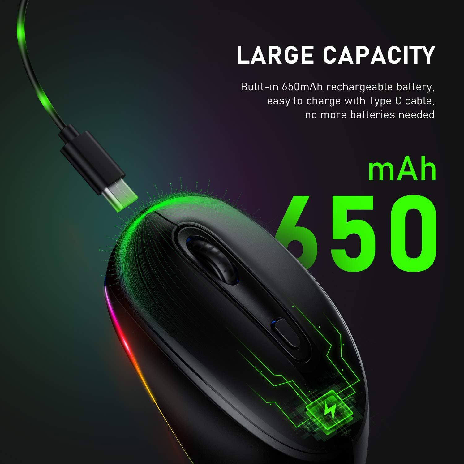 seenda Wireless Mouse, Ultra Silent Rechargeable Light Up LED Mouse with USB Receiver, Comfortable Cordless Mice and 3 Adjustable DPI for Laptop Computer Chromebook, Black