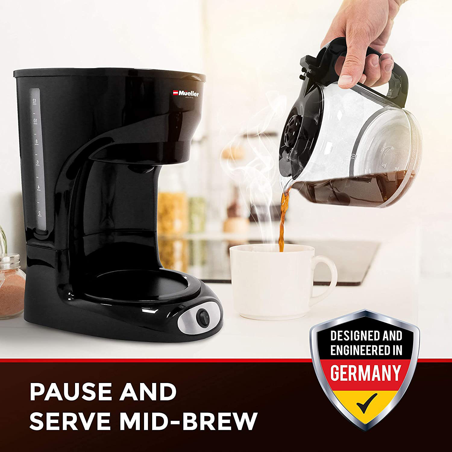 Mueller 12-Cup Drip Coffee Maker, Auto Keep Warm Function, Smart Anti-Drip System, with Durable Permanent Filter and  Borosilicate Glass Carafe, Clear Water Level Window Coffee Machine