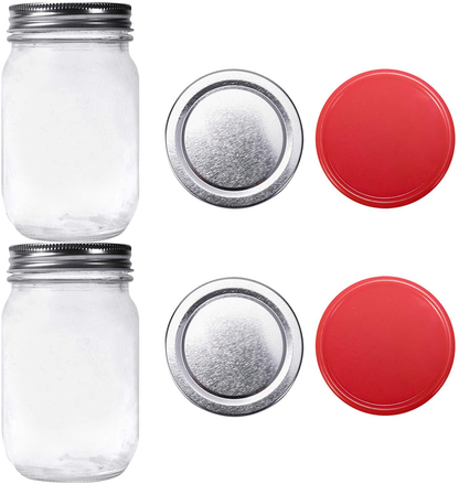 2 or 6 Pack Glass Regular Mouth Mason Jar Silver Metal Lids plus Plastic Lids Pint Mason Jar Ideal for Canning