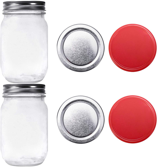 2 or 6 Pack Glass Regular Mouth Mason Jar Silver Metal Lids plus Plastic Lids Pint Mason Jar Ideal for Canning