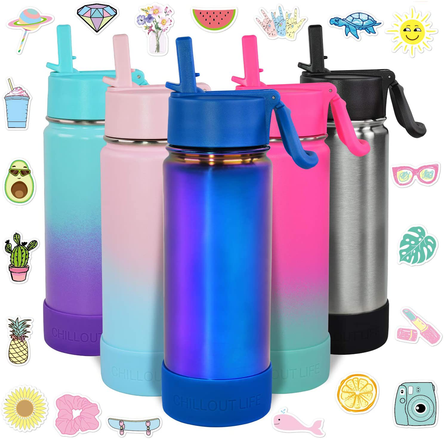 CHILLOUT LIFE 17 oz Insulated Water Bottle with Straw Lid for Kids and Adult + 20 Cute Waterproof Stickers - Perfect for Personalizing Your Kids Metal Water Bottle