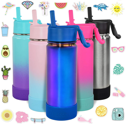 CHILLOUT LIFE 17 oz Insulated Water Bottle with Straw Lid for Kids and Adult + 20 Cute Waterproof Stickers - Perfect for Personalizing Your Kids Metal Water Bottle