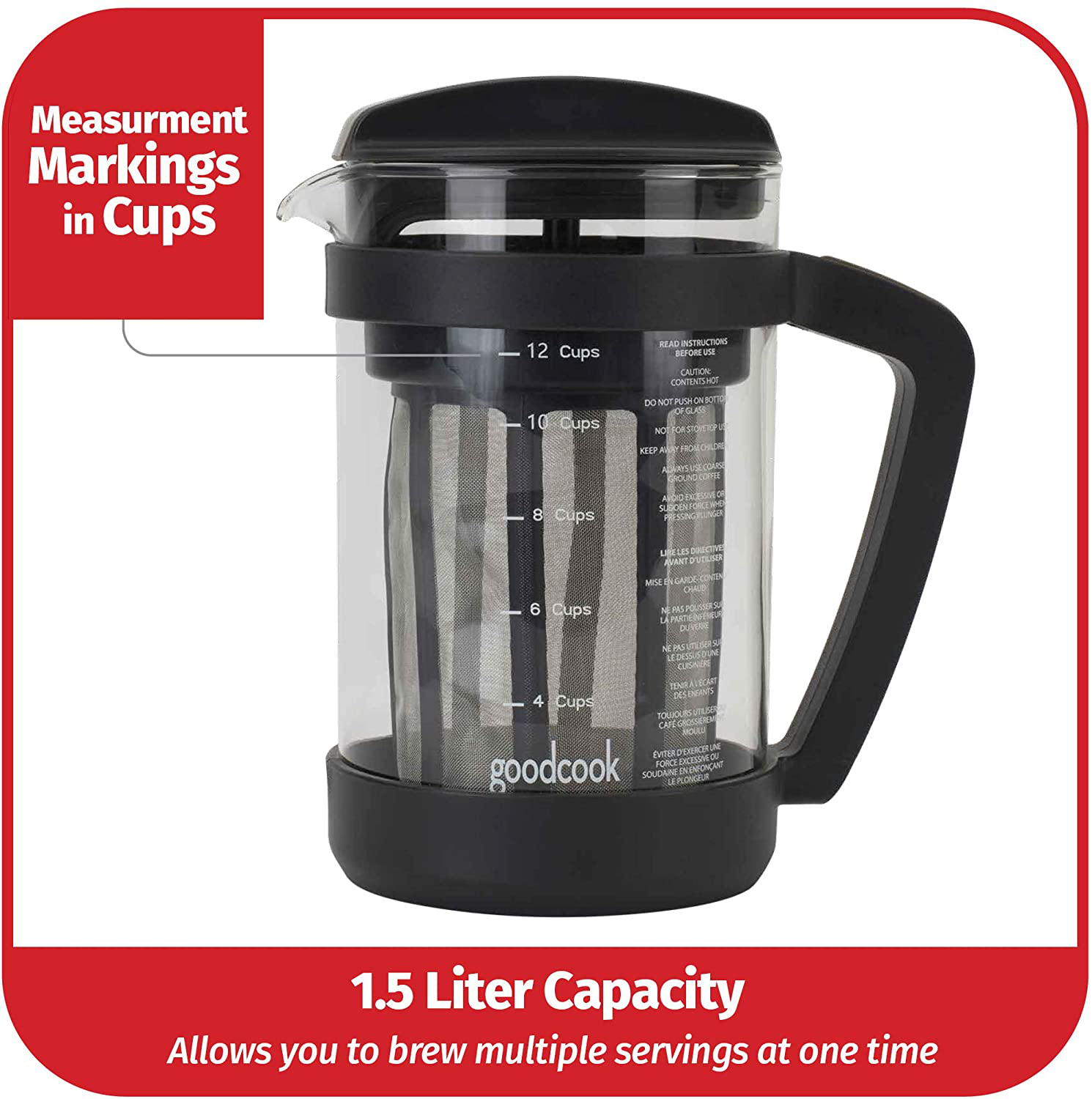 Goodcook Koffe 1.5L Glass Cold Brew Coffee Maker with BPA-Free Plastic Frame