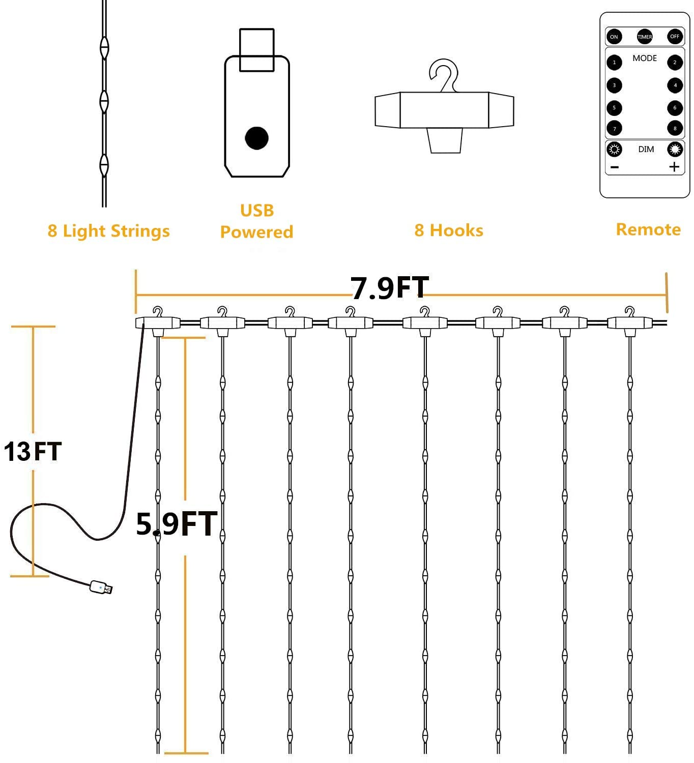 String Lights Curtain, USB Powered Fairy Lights for Bedroom Party, 8 Modes & IP64 Waterproof Ideal for Garden, Patio 