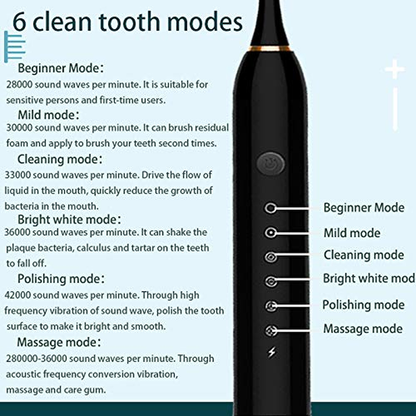 Rechargeable Sonic Electric Toothbrush - 6 Optional Modes IPX7 USB Fast Charging with 2 min Build in Timer & 4 Replacement Brush Heads
