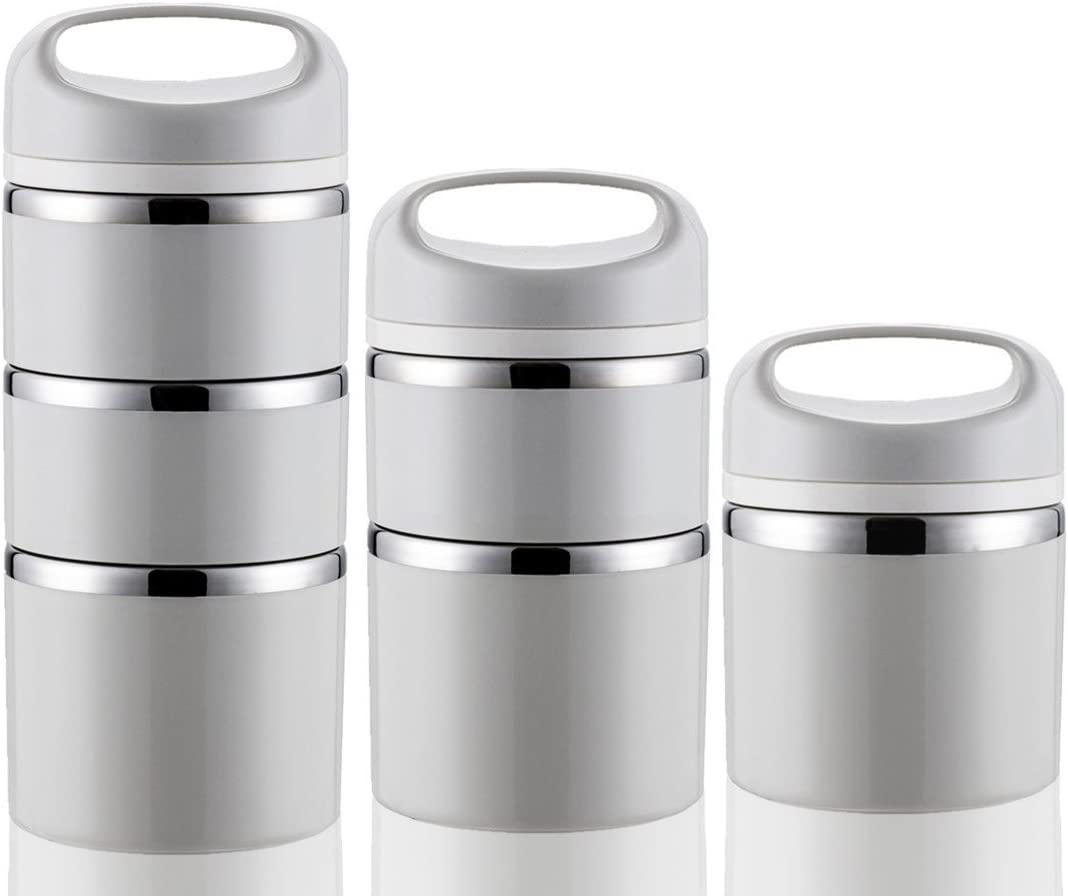 Lille Home Stackable Stainless Steel Thermal Compartment Lunch/Snack Box, 3-Tier Insulated Bento/Food Container with Upgraded Lunch Bag, Portable Cutlery Set and 3 Extra Silicone Seals, 43OZ, Pink