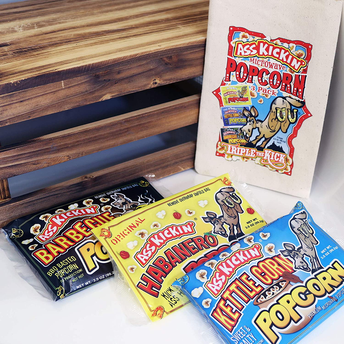 ASS KICKIN’ Premium Microwave Popcorn – Popcorn Variety Pack (3) in Canvas Bag - Ultimate Sweet and Spicy Gourmet Gift - Makes a Great Movie Theater Popcorn or Snack Food for Movie Night