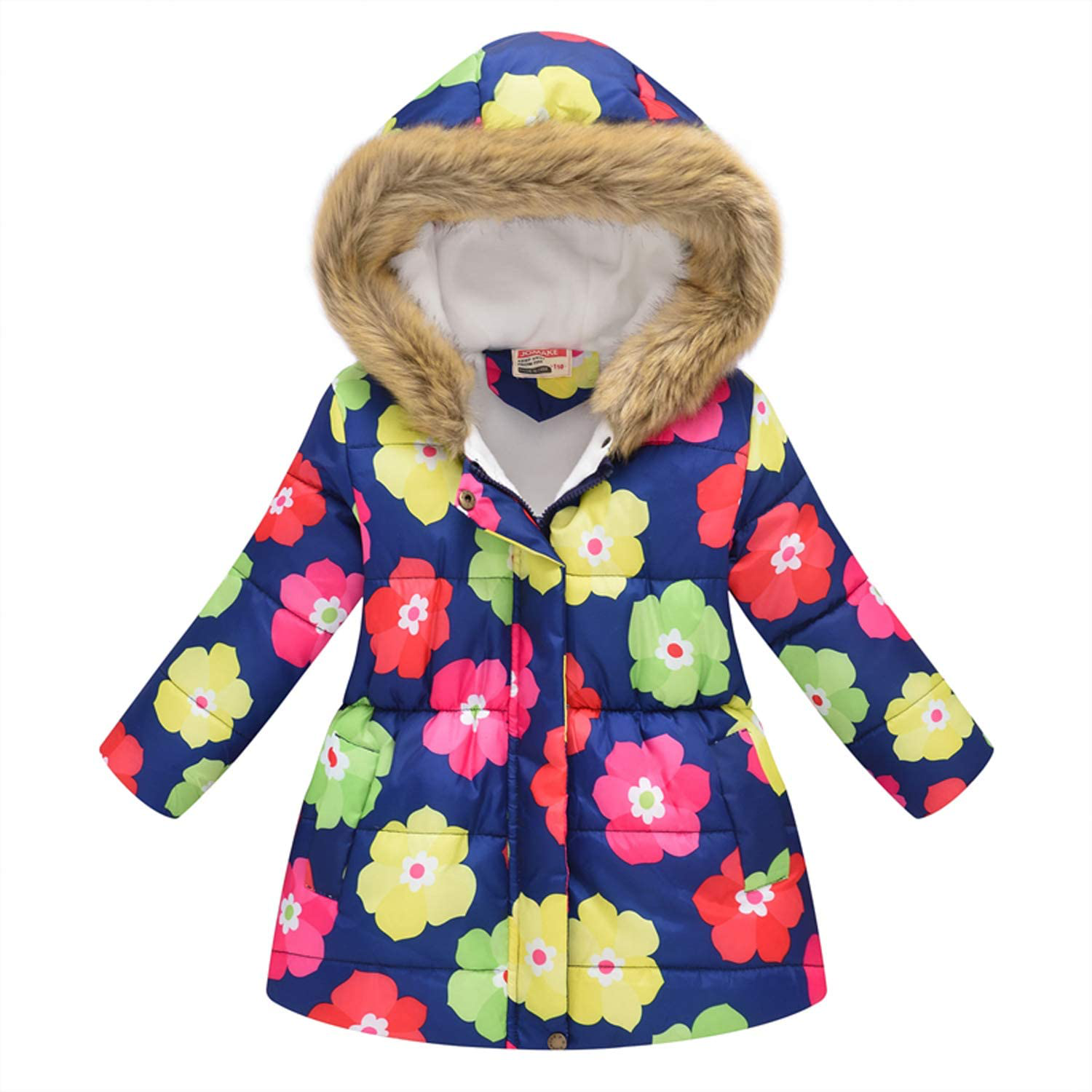 UWBACK Winter Coat for Girls Hooded Floral Print Kids Warm Cotton Parka