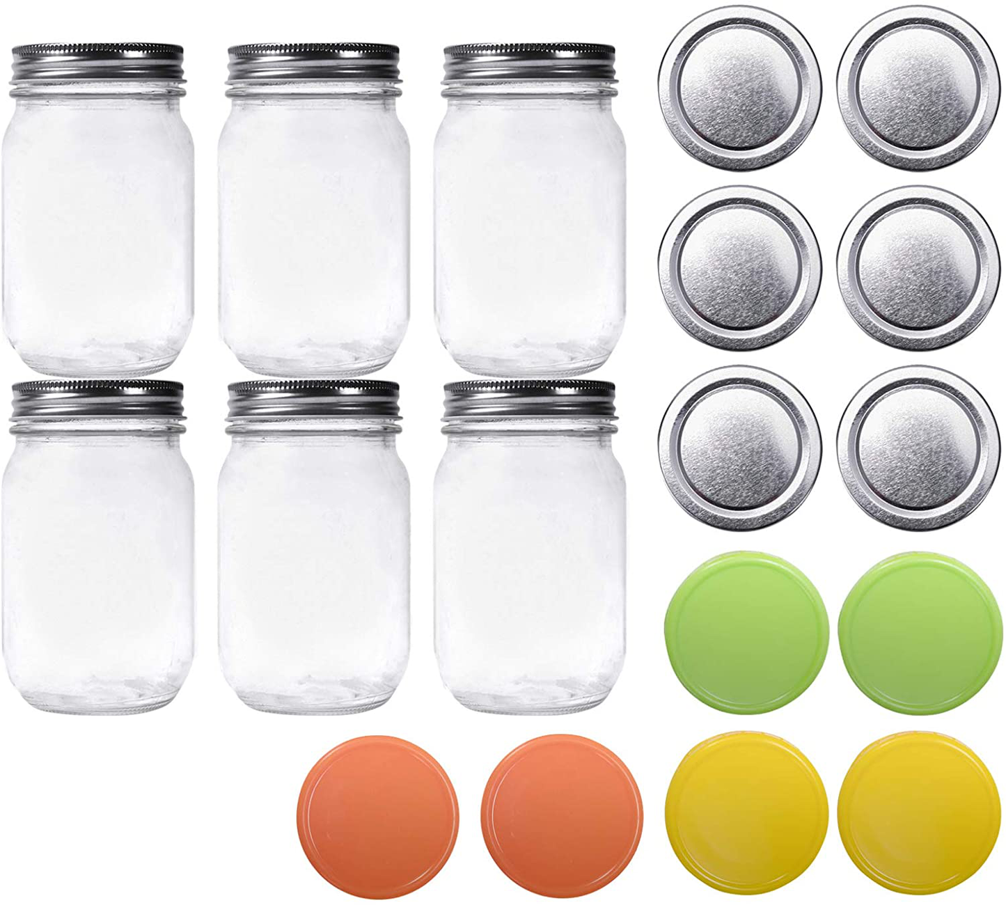 2 or 6 Pack Glass Regular Mouth Mason Jar Silver Metal Lids plus Plastic Lids Pint Mason Jar Ideal for Canning
