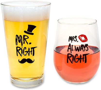 Funny Wedding Gifts - Mr. Right and Mrs. Always Right Novelty Wine Glass and Beer Glass Combo - Engagement Gift for Couples