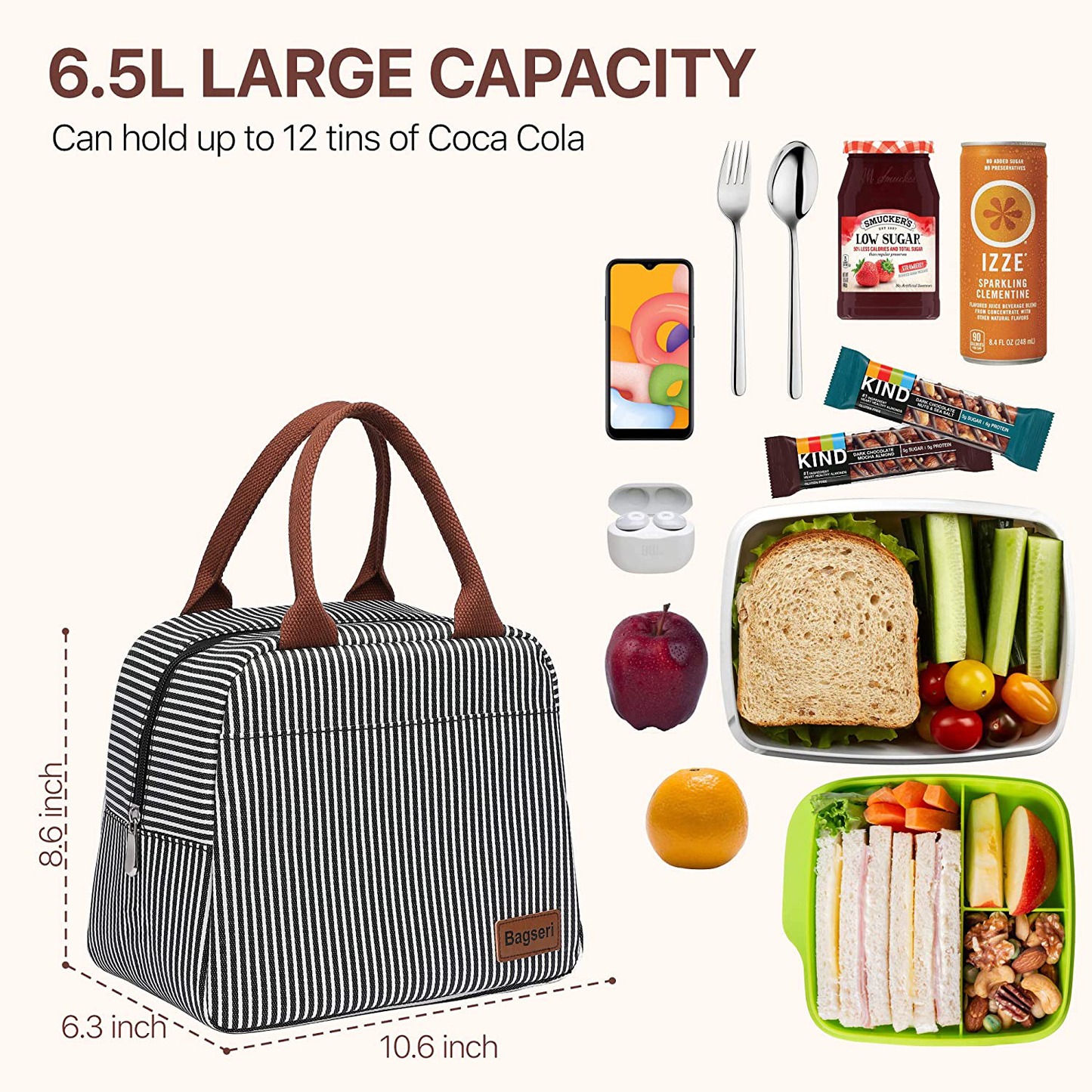 Lunch Bag, Bagseri Insulated Lunch Bags for Women and Men, with Transparent Phone Holder Pocket, Reusable Lunch Cooler Box Thermal Organizer, Water-resistant Lining (Black White Stripe)