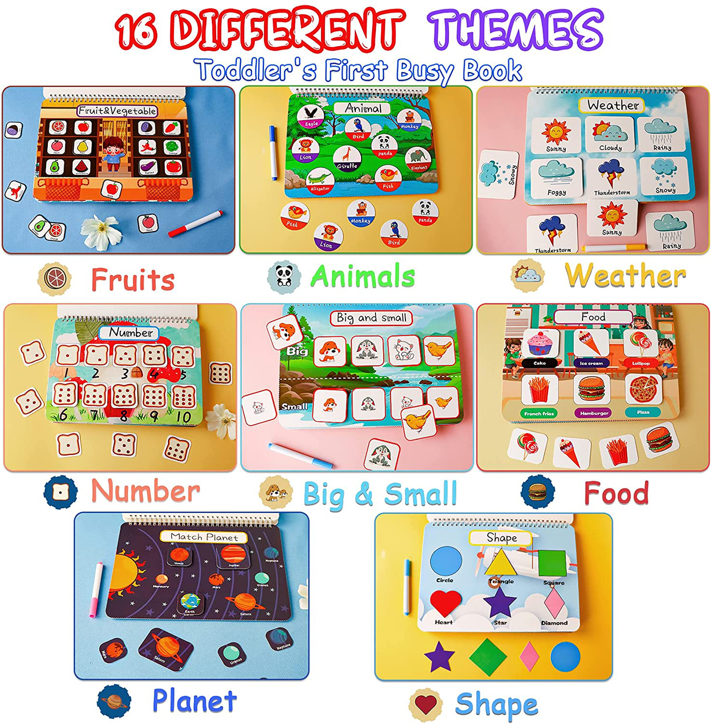 HeyKiddo Toddler Busy Book, Autism Toys for Kids, Preschool Learning Activity Binder, 16 Themes with Colorful Pages, Educational Book for Autism & Special Needs, Drawing Book for Home School Learning