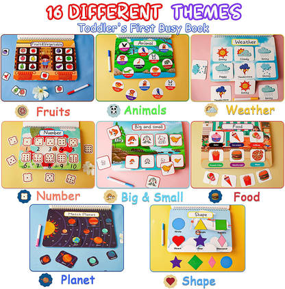 HeyKiddo Toddler Busy Book, Autism Toys for Kids, Preschool Learning Activity Binder, 16 Themes with Colorful Pages, Educational Book for Autism & Special Needs, Drawing Book for Home School Learning