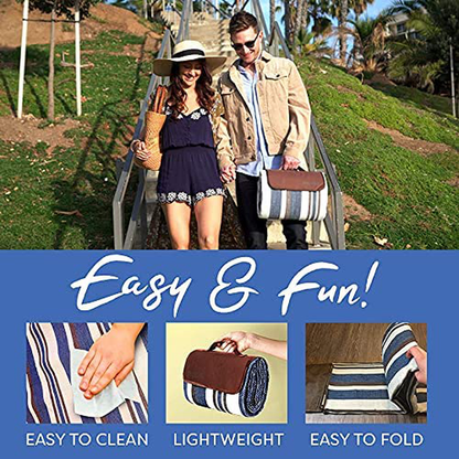 Extra Large Picnic Blanket Dual Layers for Outdoor Water-Resistant Handy Mat Tote Spring Summer Blue and White Striped for The Beach, Camping on Grass