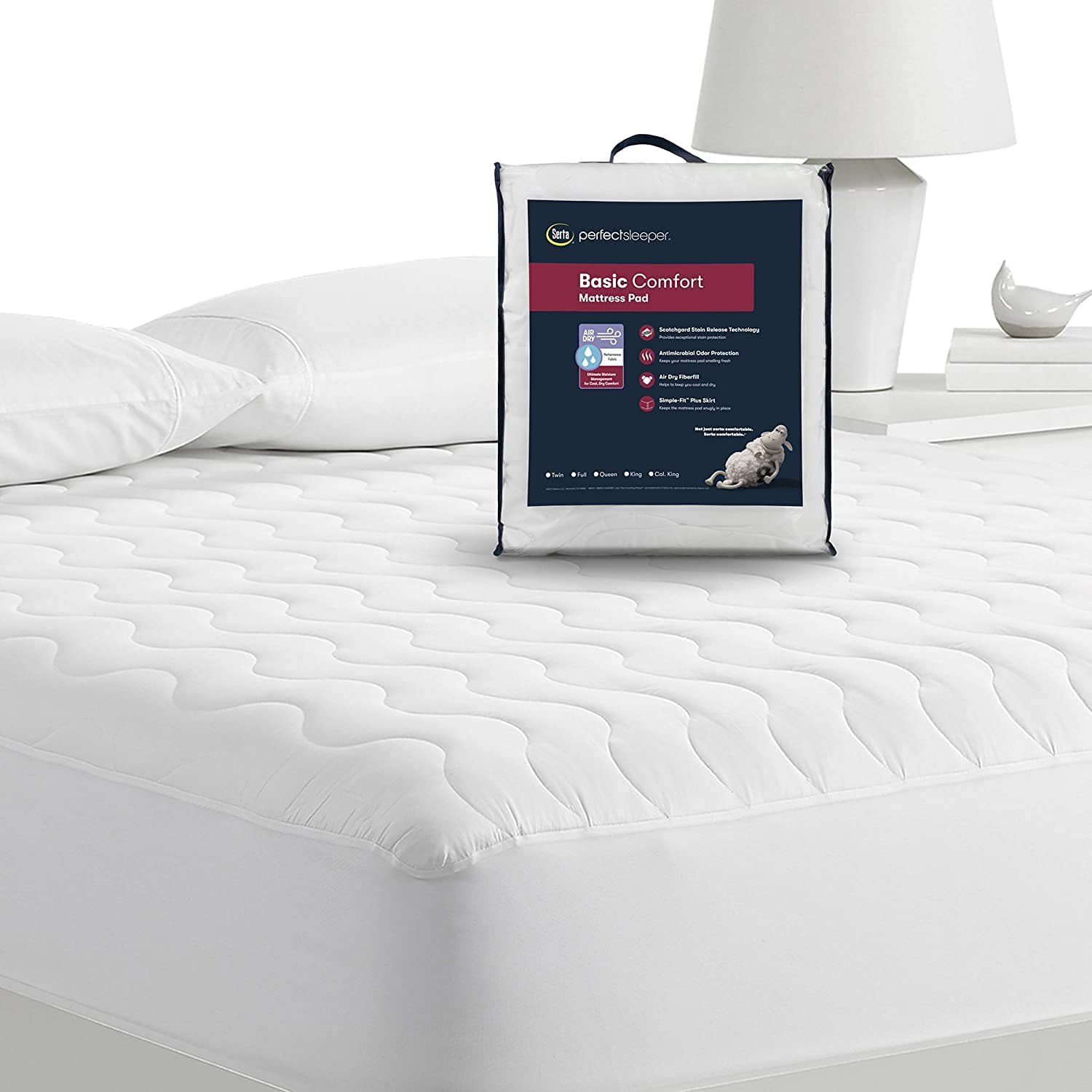 Serta Perfect Sleeper Basic Comfort Mattress Pad, Air Dry Moisture Wicking, Microfiber Fill, Scotchgard Stain Release, Antimicrobial Odor Protection, Cooling, Queen, White