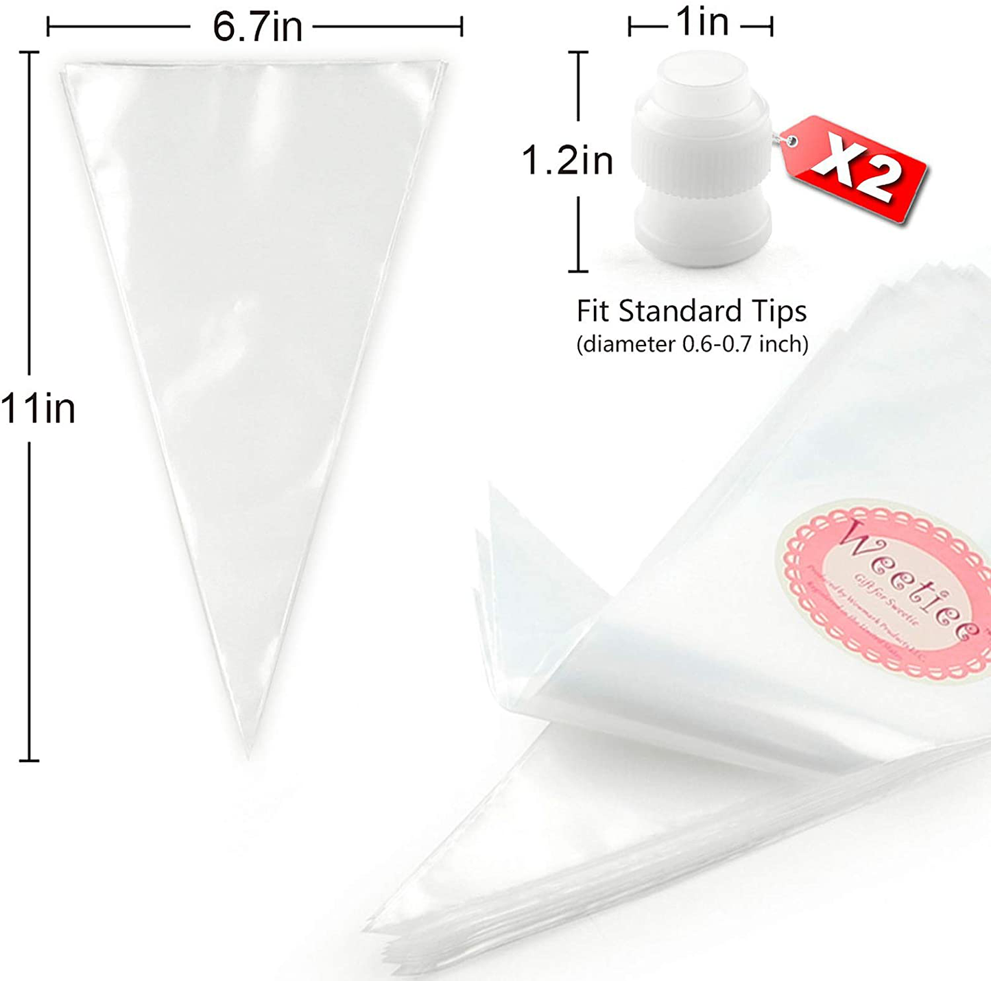 Weetiee Pastry Piping Bags -100 Pack-12-Inch Disposable Cake Decorating Bags Anti-Burst Cupcake Icing Bags for all Size Tips Couplers and Baking Cookies Candy Supplies Kits - Bonus 2 Couplers