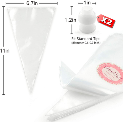 Weetiee Pastry Piping Bags -100 Pack-12-Inch Disposable Cake Decorating Bags Anti-Burst Cupcake Icing Bags for all Size Tips Couplers and Baking Cookies Candy Supplies Kits - Bonus 2 Couplers