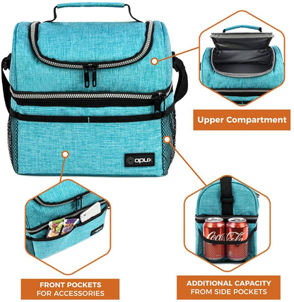 Insulated Dual Compartment Lunch Bag for Women, Ladies | Double Deck Reusable Lunch Box Cooler with Shoulder Strap, Leakproof Liner | Medium Lunch Pail for School, Work, Office (Heather Pink)