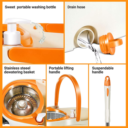 MASTERTOP Spin Mop and Bucket with Wringer Set, Floor Cleaning System, Easy Wring Foot Pedal, Stainless Steel Mop Handle, 5 Microfiber Refills, 5 Cleaning Clothes, Hardwood Laminate Tiles