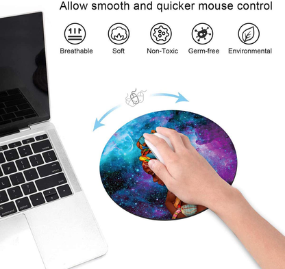 ChaTham Round Mouse Pad with Coasters Set, Blue Purple Galaxy African Women Mouse Pad, Non-Slip Rubber Base Round Mouse Pads for Laptop Compute Working Home Office Accessories
