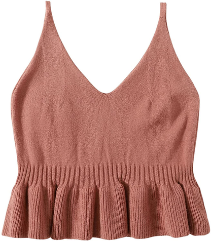 SweatyRocks Women's Casual Knit Top Sleeveless Ruffle Hem V Neck Peplum Crop Tank Top