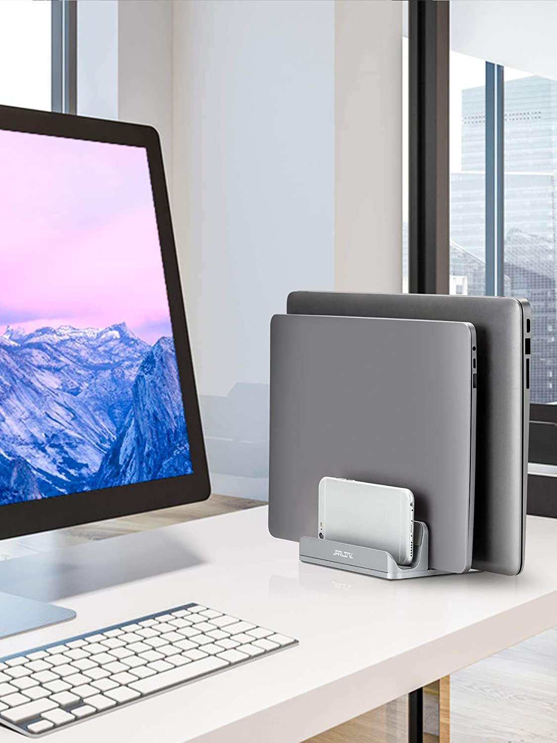 JARLINK Adjustable Vertical Laptop Stand, Desktop Stand Adjustable Laptop Holder with 2 Slots (up to 17.3 inches), Compatible with All MacBook Pro/Air/Microsoft Surface, Newly Designed, (Gray)