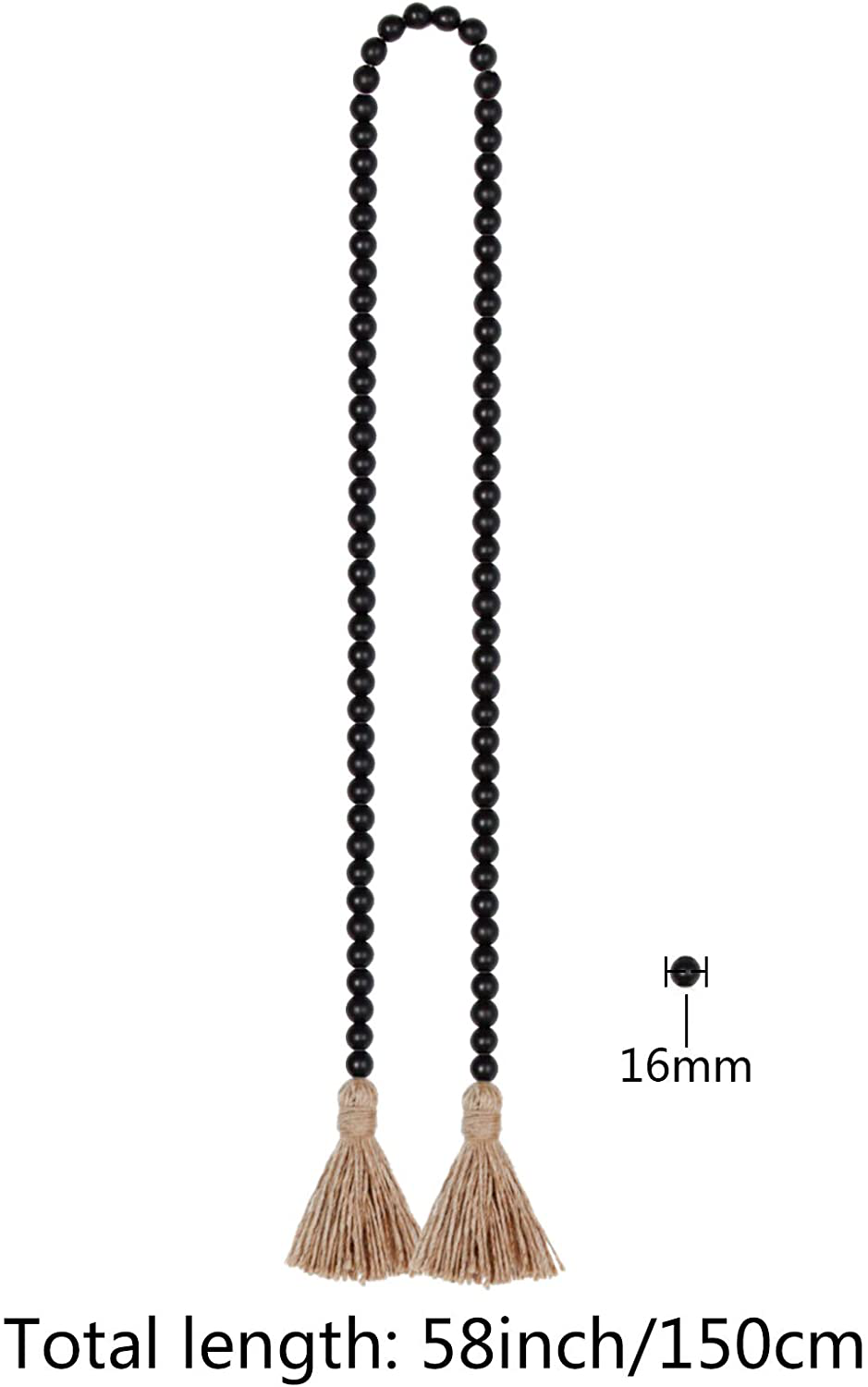 58in Wood Bead Garland with Tassels,Farmhouse Beads Rustic Country Decor Prayer Boho Beads Wall Hanging Decoration (Black)