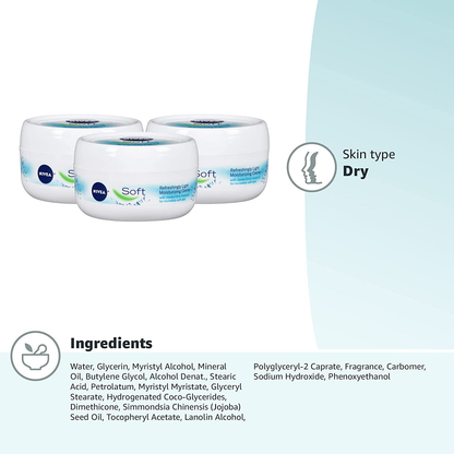 NIVEA Soft Moisturizing Crème- Pack of 3, All-In-One Cream For Body, Face and Dry Hands - Use After Hand Washing - 6.8 oz. Jars