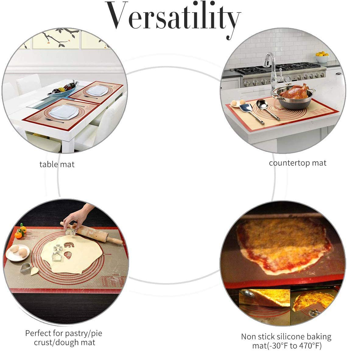 Non-slip Silicone Pastry Mat Extra Large with Measurements 36''By 24'' for Silicone Baking Mat, Counter Mat, Dough Rolling Mat,Oven Liner,Fondant/Pie Crust Mat（Red）