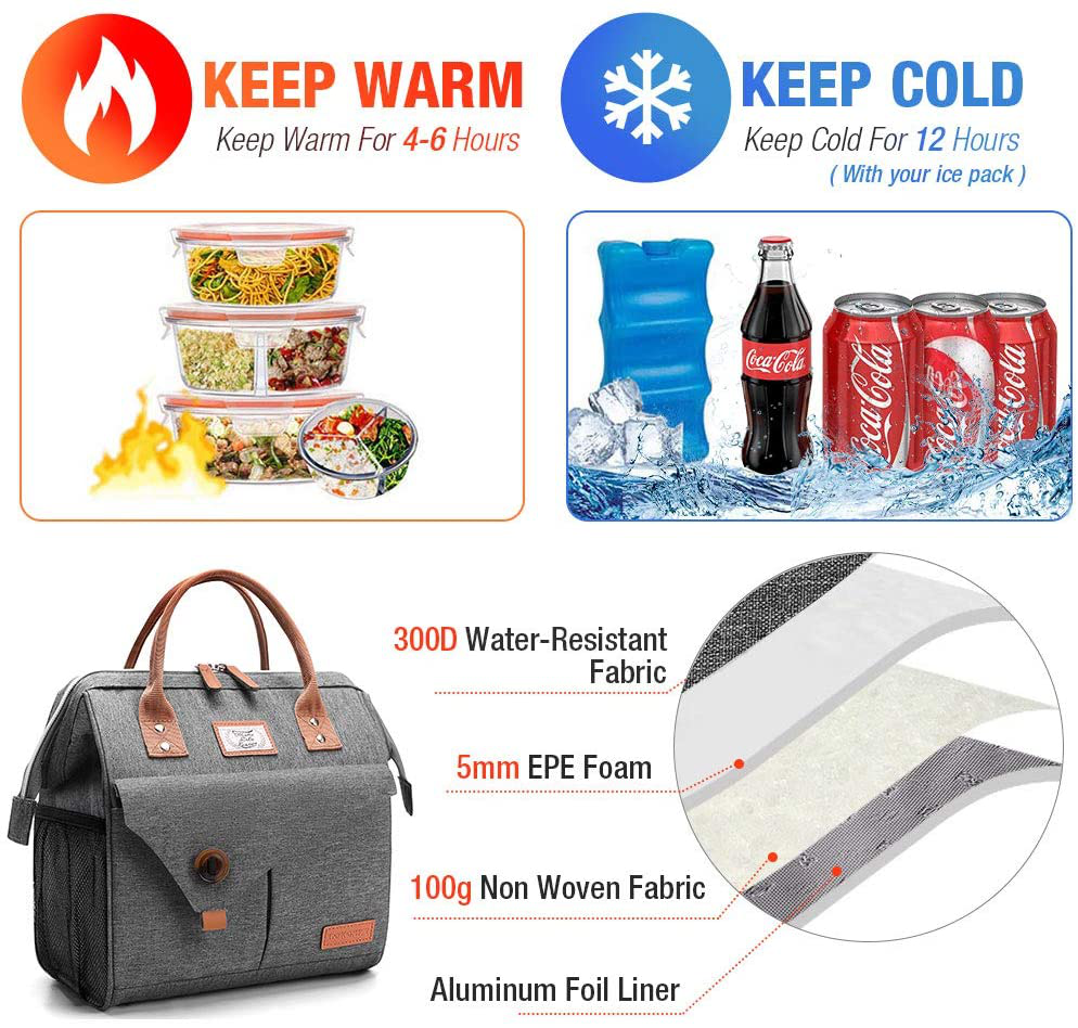 Lekesky Insulated Lunch Bag for Women Lunch Box Leakproof Reusable Cooler Bag for Adult Outdoor Work, Grey