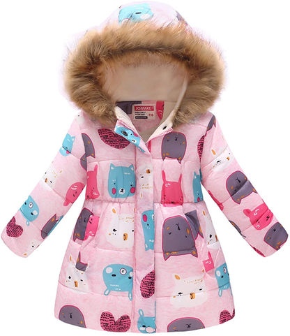UWBACK Winter Coat for Girls Hooded Floral Print Kids Warm Cotton Parka