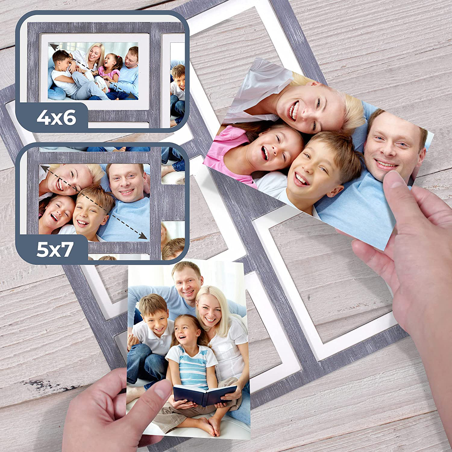 GLM Collage Picture Frames for 4x6 and 5x7 Photos with Glass and Mat, Photo Frame Collage for Wall Holds Five 4x6 Or 5x7 Photos - Picture Frames Collage Rustic Distressed (Gray)