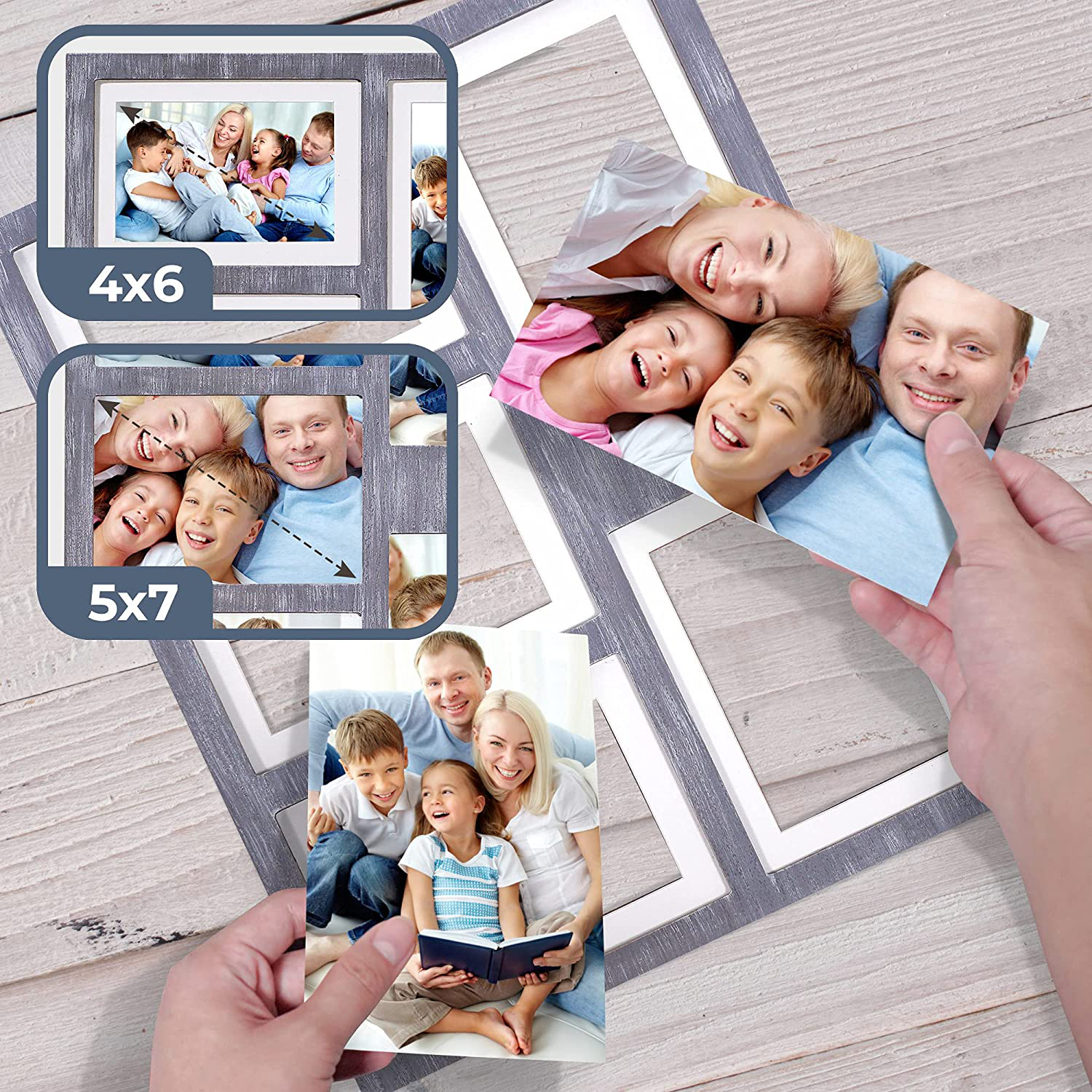 GLM Collage Picture Frames for 4x6 and 5x7 Photos with Glass and Mat, Photo Frame Collage for Wall Holds Five 4x6 Or 5x7 Photos - Picture Frames Collage Rustic Distressed (Gray)