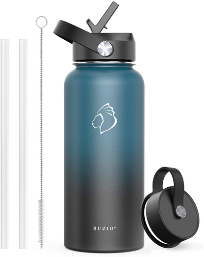 BUZIO Insulated Water Bottle with Straw Lid and Flex Cap, 32oz, 40oz, 64oz, 87oz Modern Double Vacuum Stainless Steel Water Flask, Cold for 48 Hrs Hot for 24 Hrs Simple Thermo Canteen Mug,BPA-Free