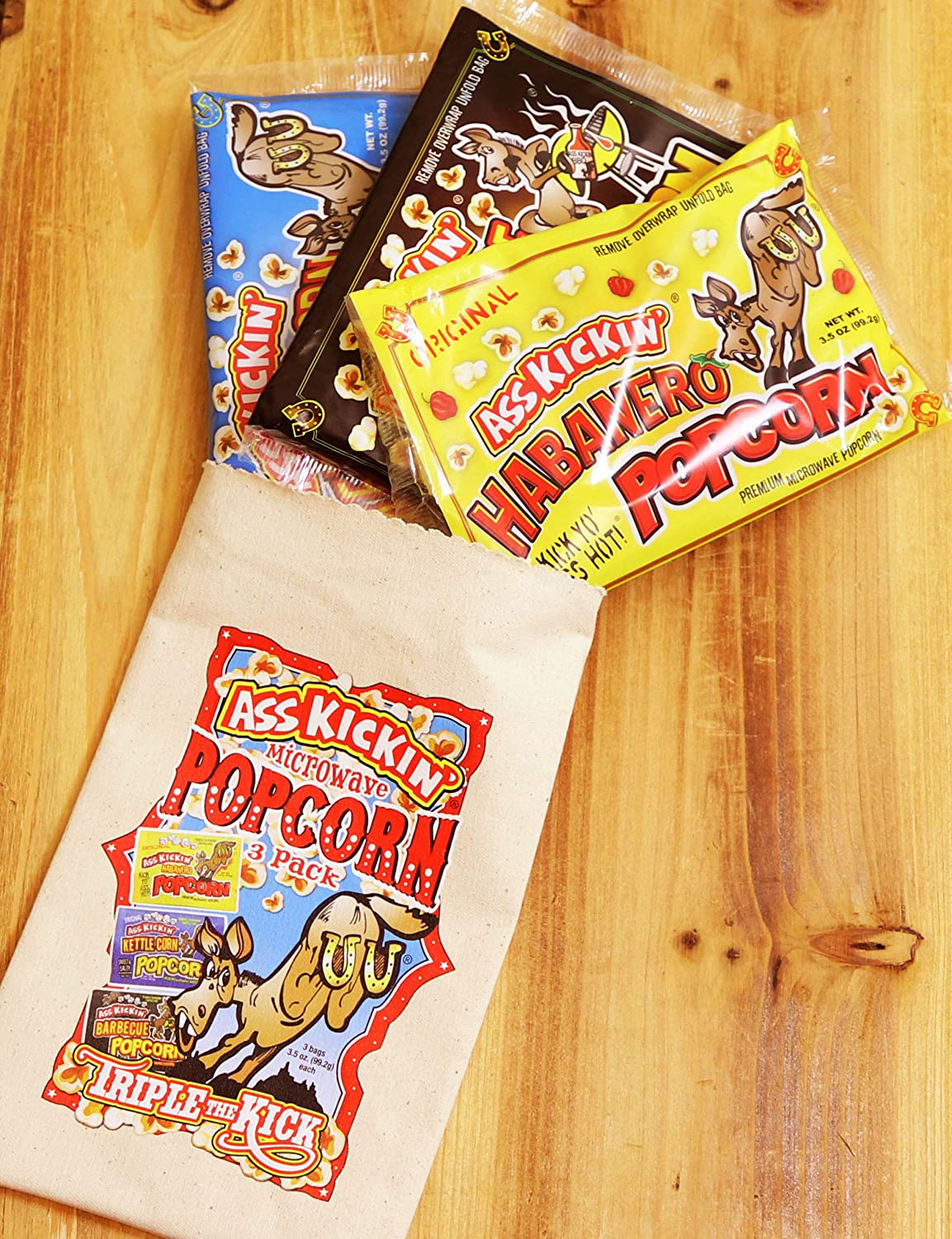 ASS KICKIN’ Premium Microwave Popcorn – Popcorn Variety Pack (3) in Canvas Bag - Ultimate Sweet and Spicy Gourmet Gift - Makes a Great Movie Theater Popcorn or Snack Food for Movie Night