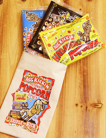 ASS KICKIN’ Premium Microwave Popcorn – Popcorn Variety Pack (3) in Canvas Bag - Ultimate Sweet and Spicy Gourmet Gift - Makes a Great Movie Theater Popcorn or Snack Food for Movie Night