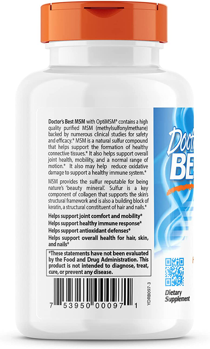 Doctor's Best MSM with OptiMSM, Non-GMO, Gluten Free, Joint Support, 1500 mg, 120 Tablets (DRB-00097)