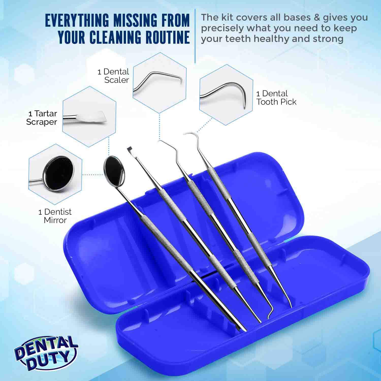Dental Duty Hygiene Kit, Calculus and Plaque Remover Set, Stainless Steel Tarter Scraper, Tooth Pick, Dental Scaler and Mouth Mirror, Dentist Home Use Tools, Blue