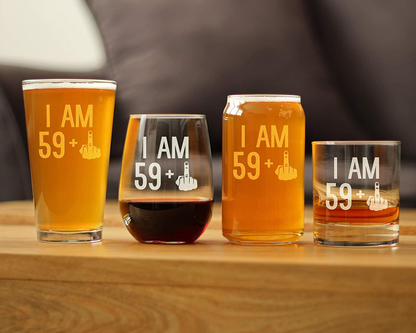 59 + 1 Middle Finger - 60th Birthday Stemless Wine Glass for Women & Men - Cute Funny Wine Gift Idea - Unique Personalized Bday Glasses for Best Friend Turning 60 - Drinking Party Decoration