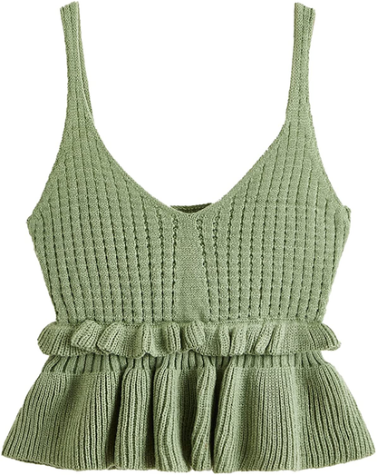 SweatyRocks Women's Casual Knit Top Sleeveless Ruffle Hem V Neck Peplum Crop Tank Top