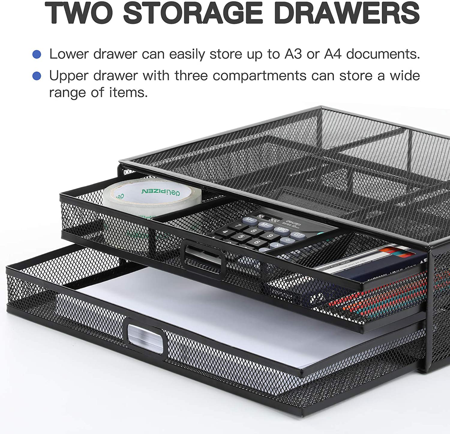 Monitor Stand Riser with Drawer - Mesh Metal Desk Organizer PC, Laptop, Notebook, Printer Holder with Pull Out Storage Drawer by HUANUO