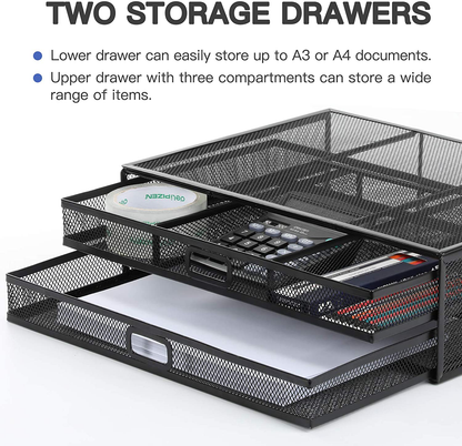 Monitor Stand Riser with Drawer - Mesh Metal Desk Organizer PC, Laptop, Notebook, Printer Holder with Pull Out Storage Drawer by HUANUO