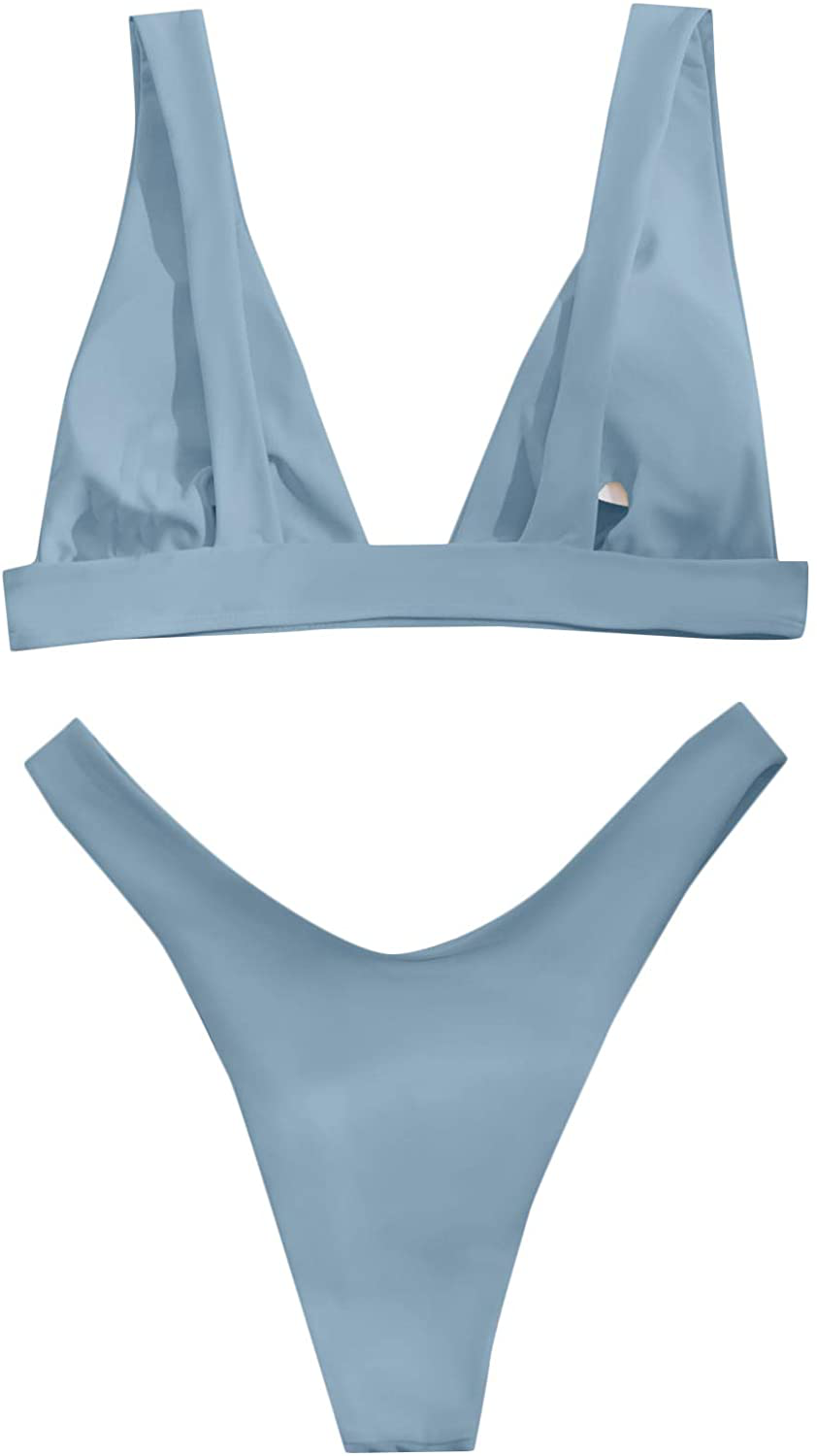 SheIn Women's Solid High Cut Thong Bikini Swimsuit Padded Plunging Bathing Suit