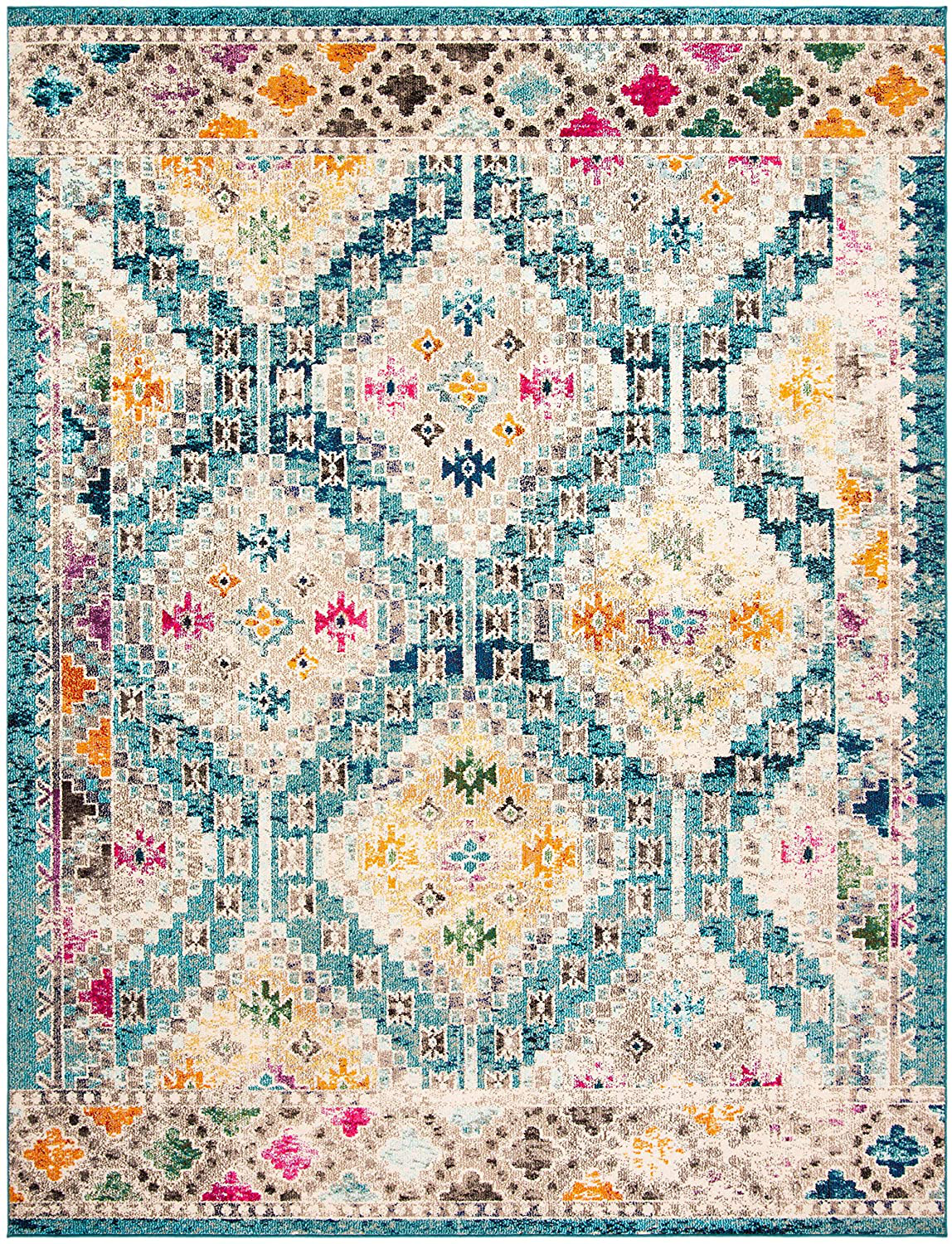 Safavieh Madison Collection MAD418N Boho Diamond Distressed Non-Shedding Stain Resistant Living Room Bedroom Runner, 2'2" x 10' , Dark Blue / Yellow