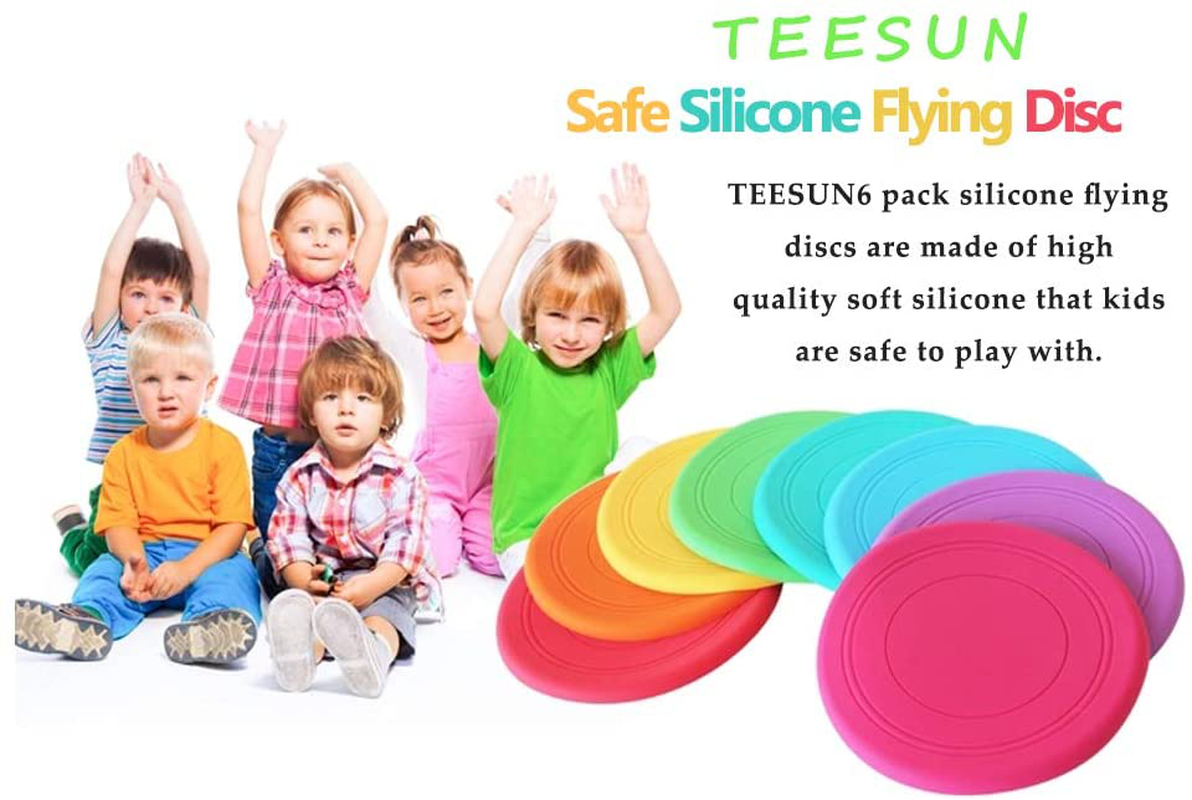 TEESUN Frisbee Kids Flying Disc Toy Outdoor Playing Lawn Game Disk Flyer Frisbee for Kindergarten Teaching Soft Silicone Colorful 6 Pack Bulk Set